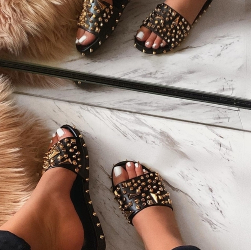 Gold Studded Black Leather Mule/ Slides